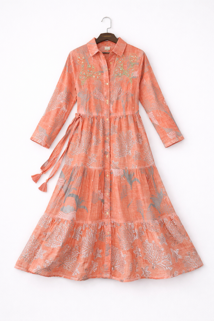 Coral Printed Shirt Dress