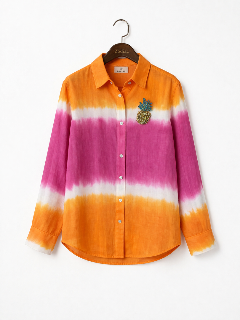 Tie-Dye Linen Shirt with Brooch