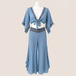 Load image into Gallery viewer, Embroidered Tie Front Top &amp; Wide Leg Pants Set