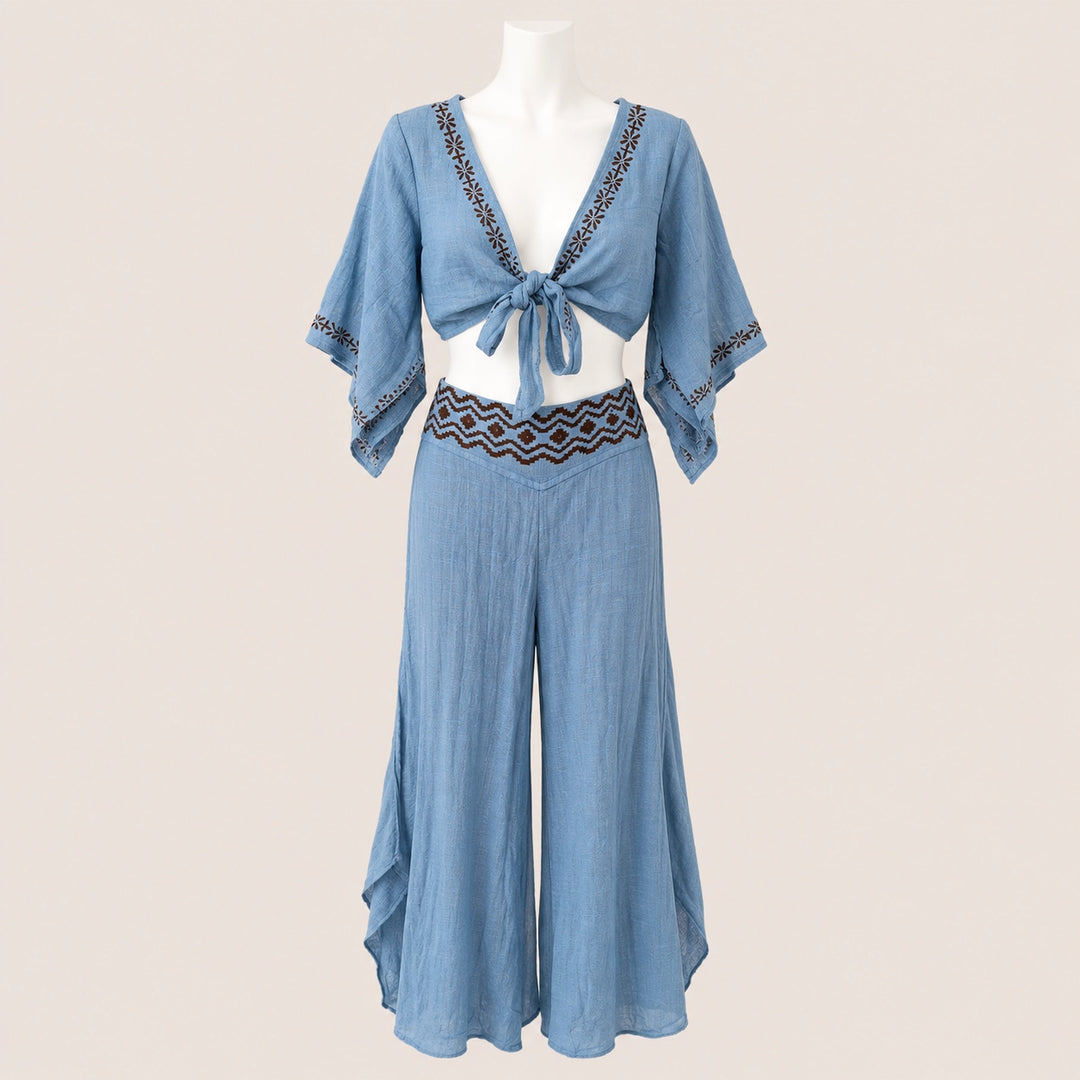 Embroidered Tie Front Top & Wide Leg Pants Set
