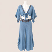 Embroidered Tie Front Top & Wide Leg Pants Set