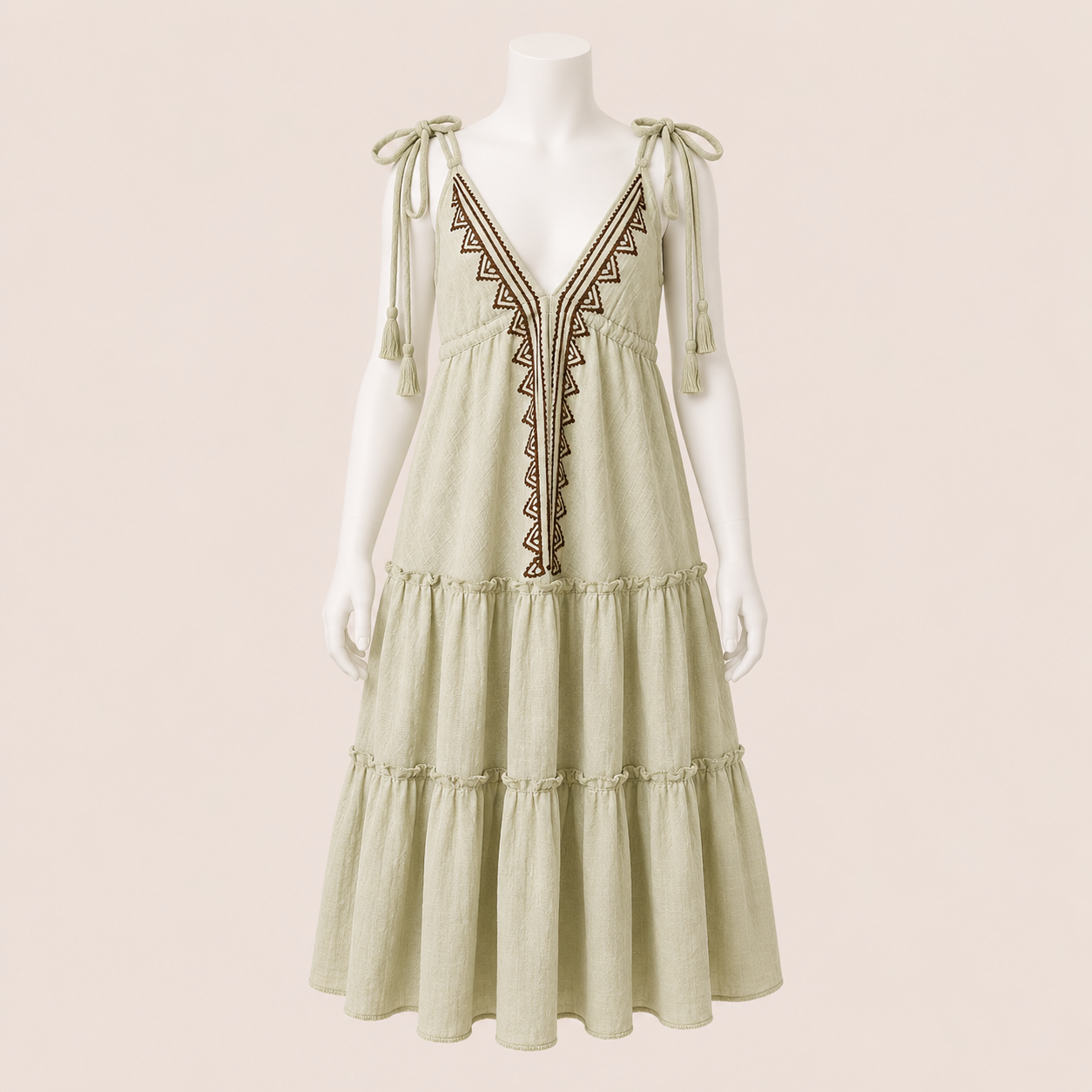 Embroidered Tiered Dress with Tie Straps