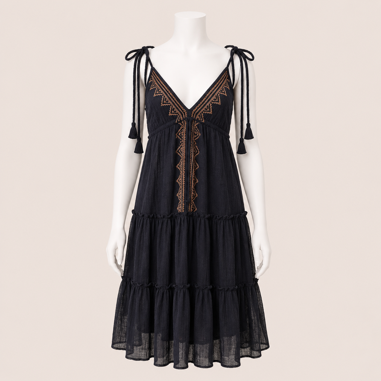 Embroidered Tiered Dress with Tie Straps