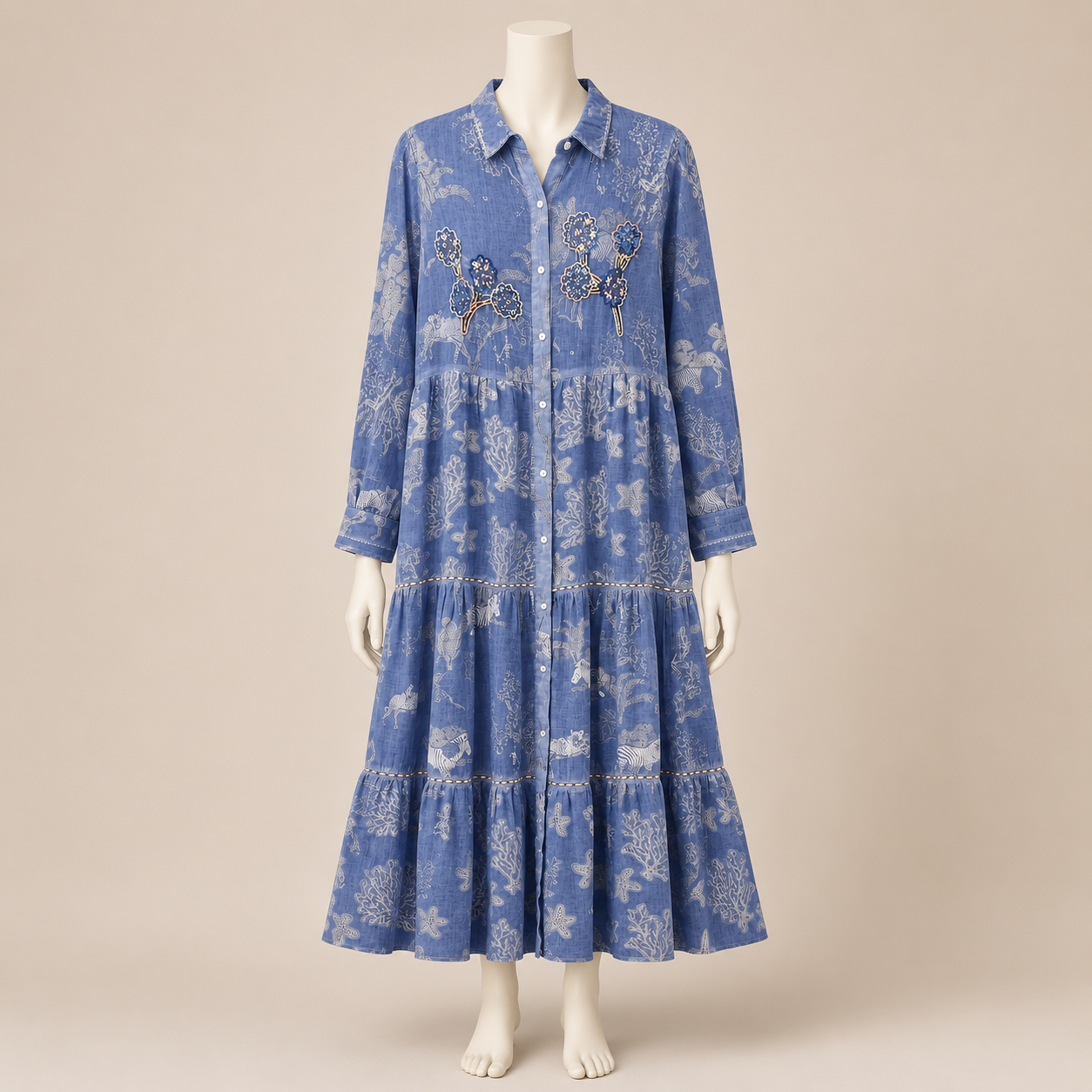 Floral Embroidered Tiered Shirt Dress