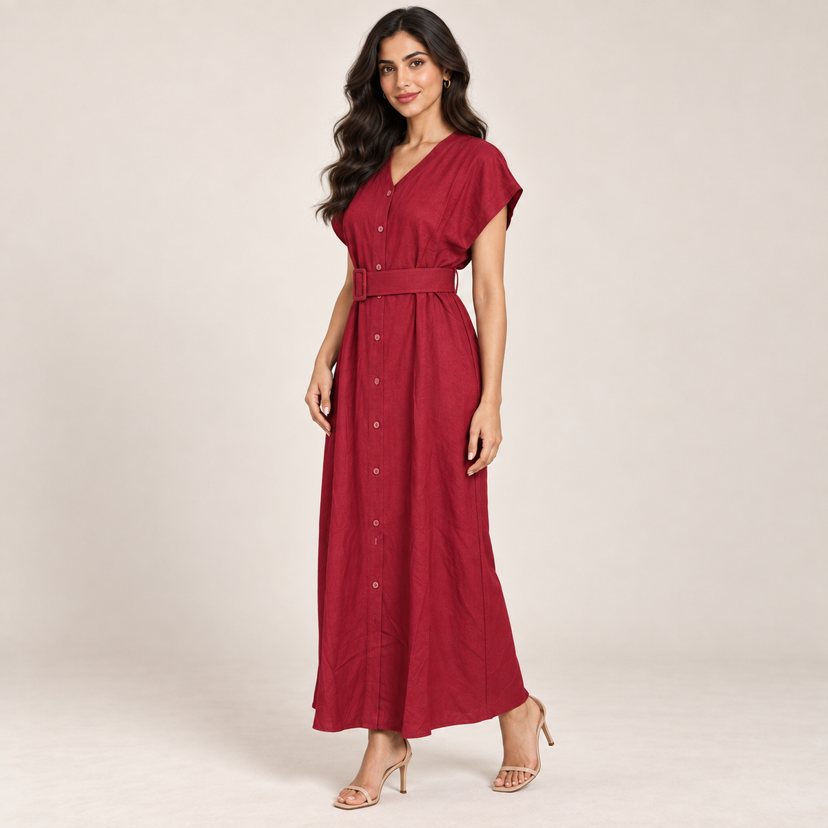 Women Button-Front Flutter Sleeve Midi Dress
