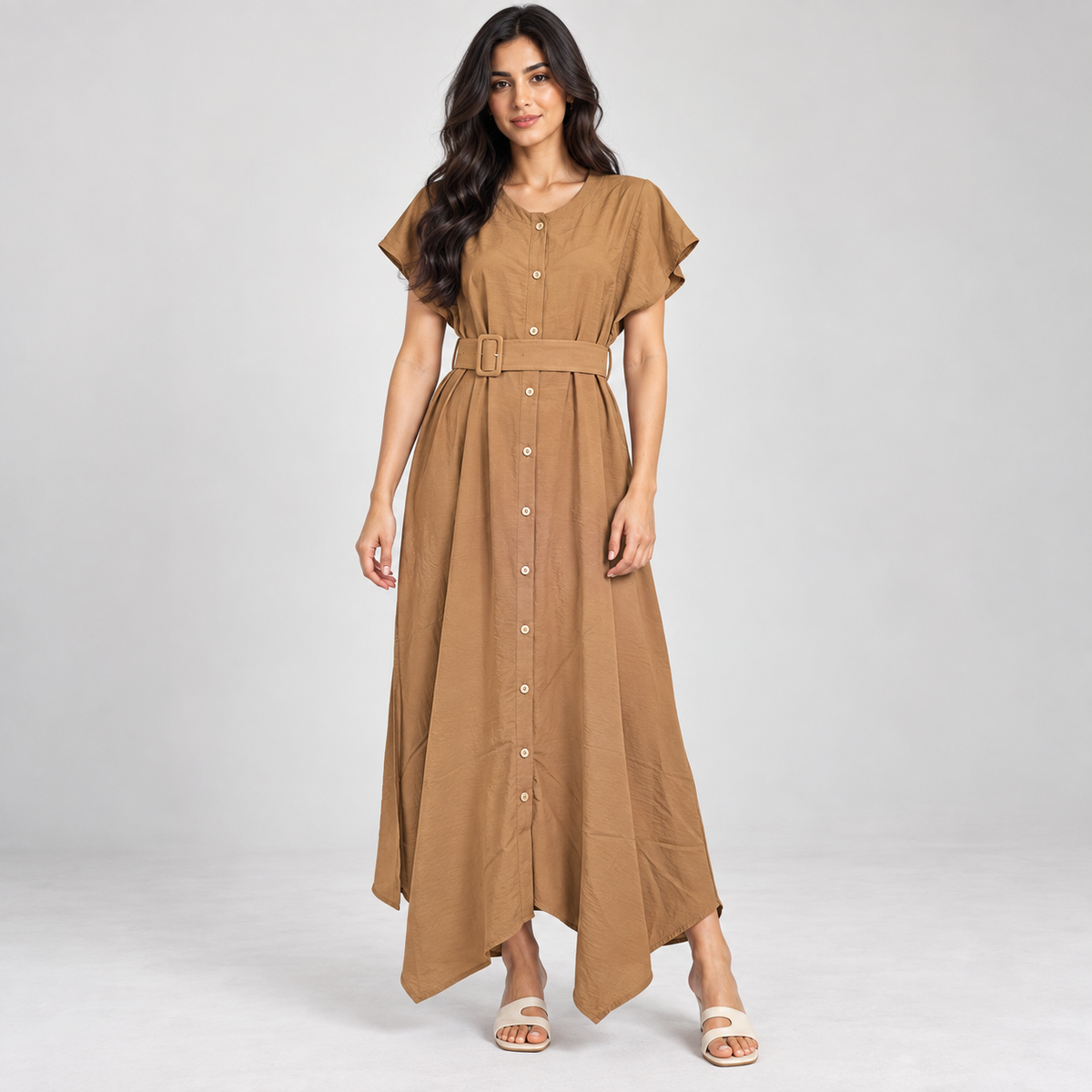Women Button-Front Flutter Sleeve Midi Dress