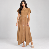 Women Button-Front Flutter Sleeve Midi Dress