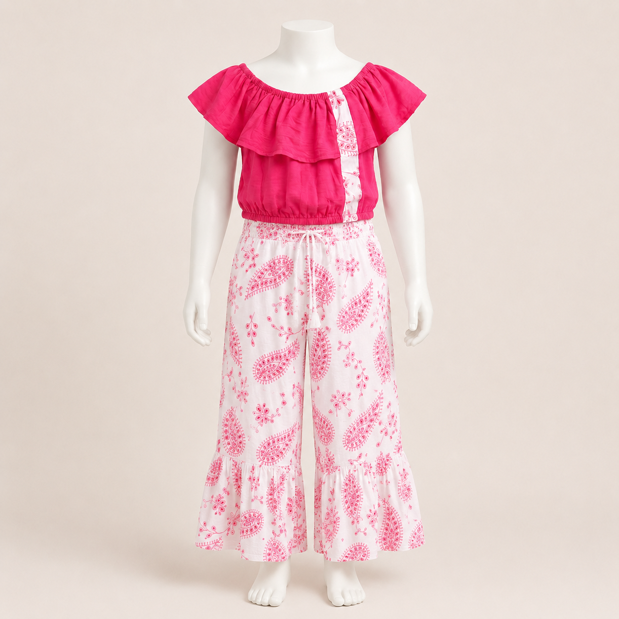 Kids Solid Blouse and Printed Pants Set