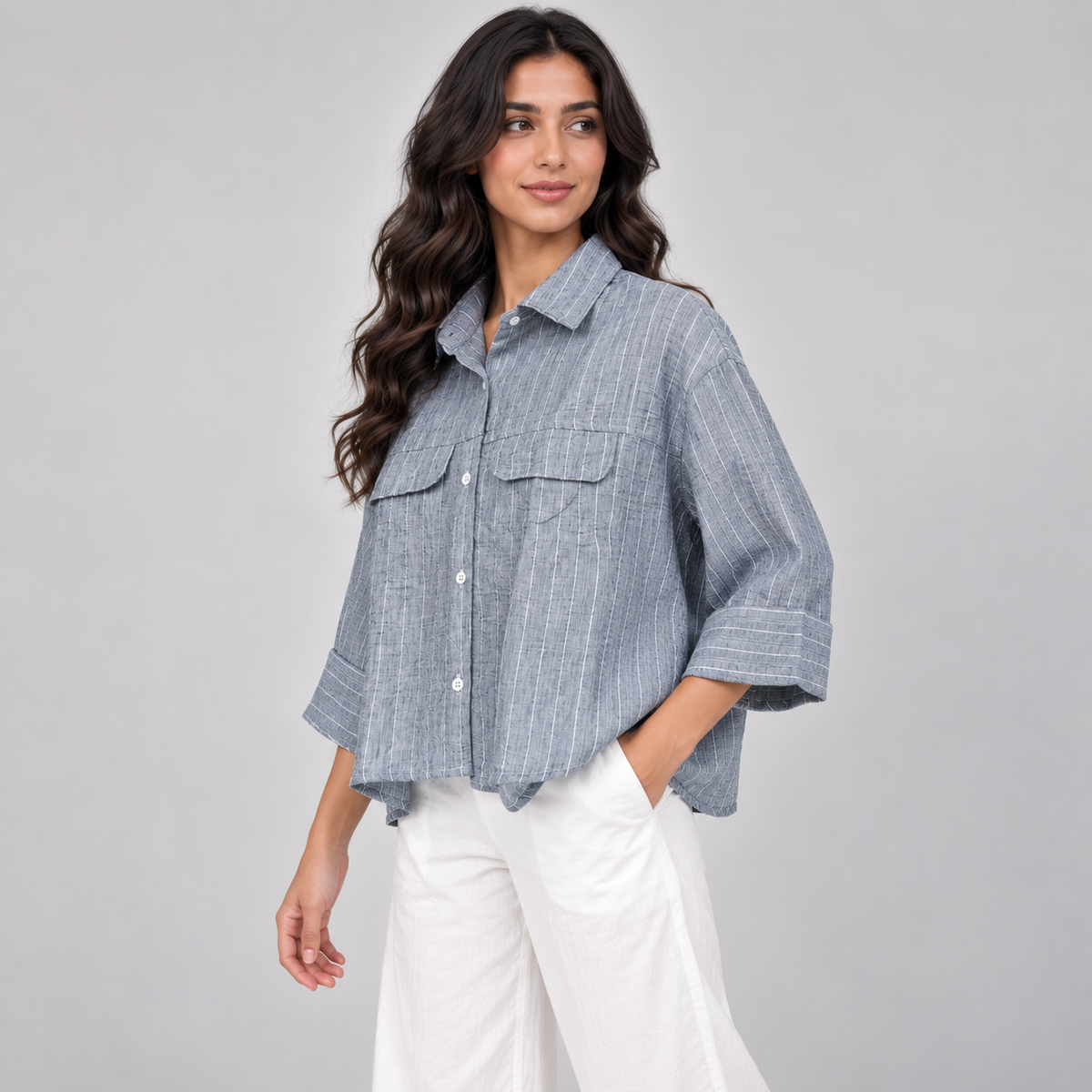 Women Striped Linen-Blend Utility Shirt