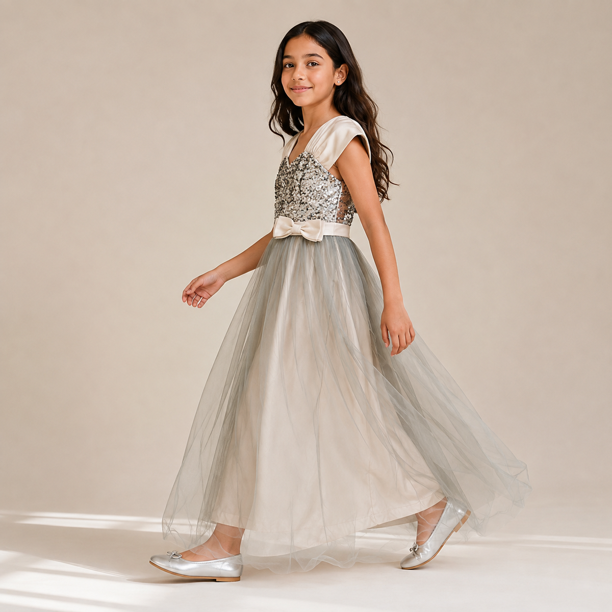 Girls Sequin Bodice Tulle Maxi Soiree Dress