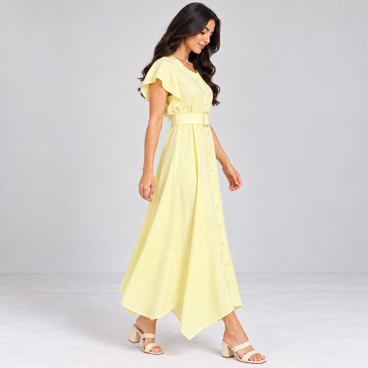 Women Button-Front Flutter Sleeve Midi Dress