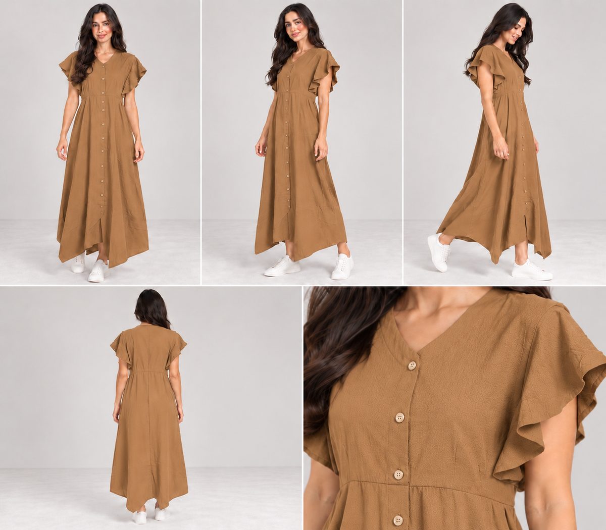Women Button-Front Flutter Sleeve Midi Dress