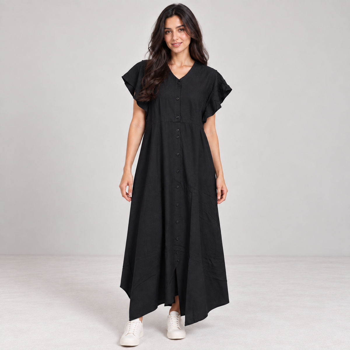 Women Button-Front Flutter Sleeve Midi Dress