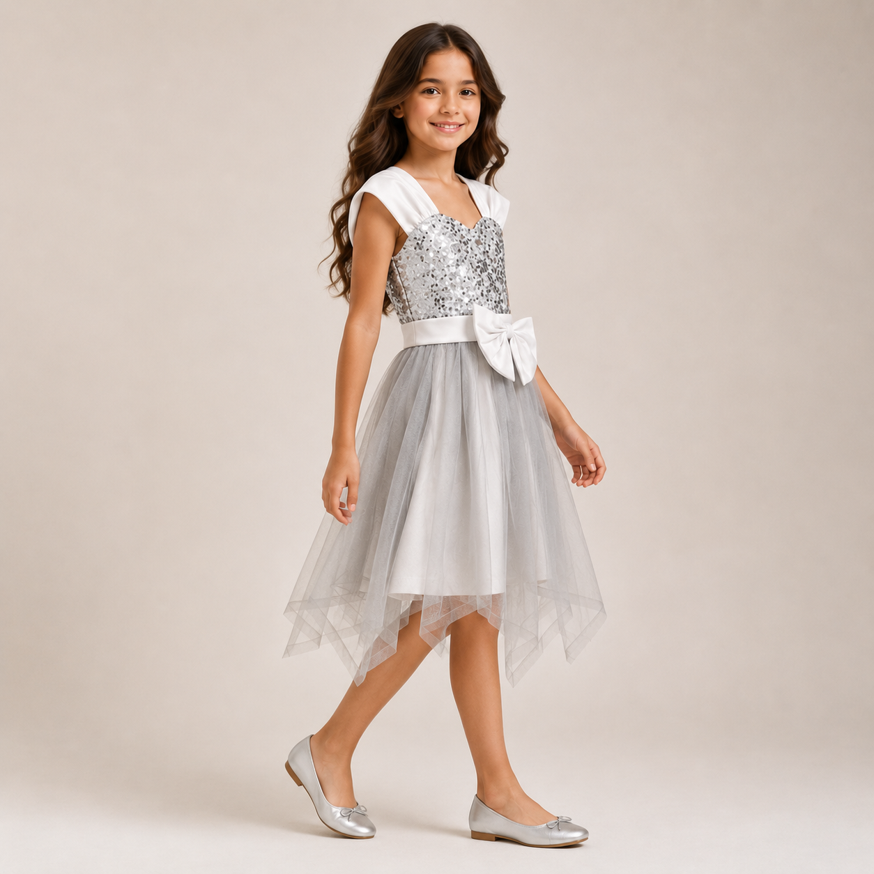 Girls’ Sequin Bow Tulle Soiree Dress