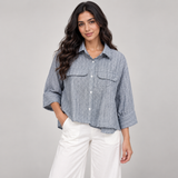 Women Striped Linen-Blend Utility Shirt