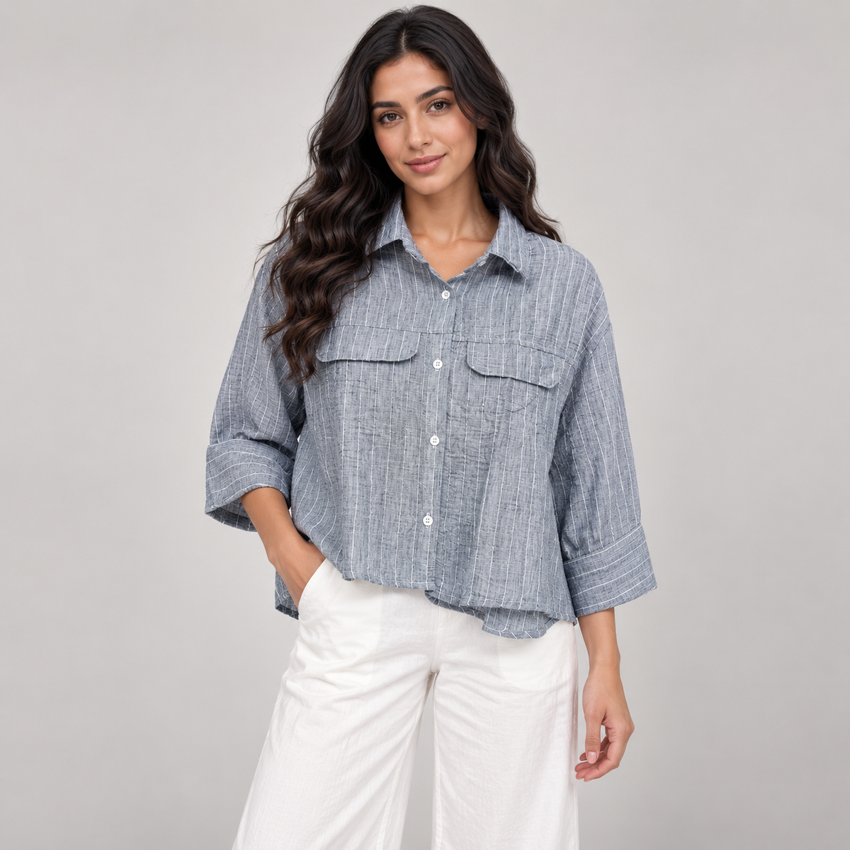 Women Striped Linen-Blend Utility Shirt