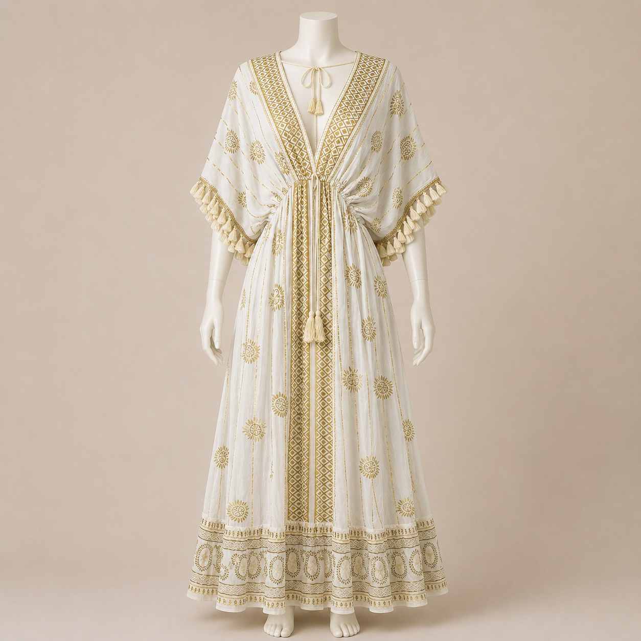 Embroidered Tassel Tie Midi Dress