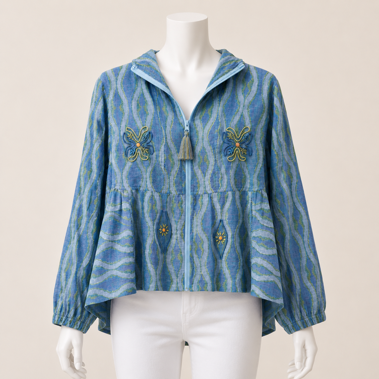 Embroidered Hooded Zip Blouse