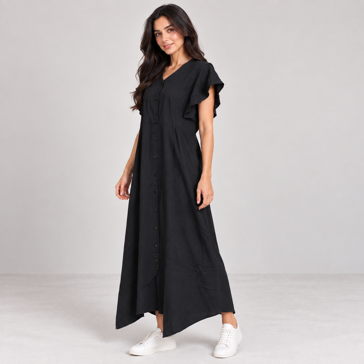 Women Button-Front Flutter Sleeve Midi Dress