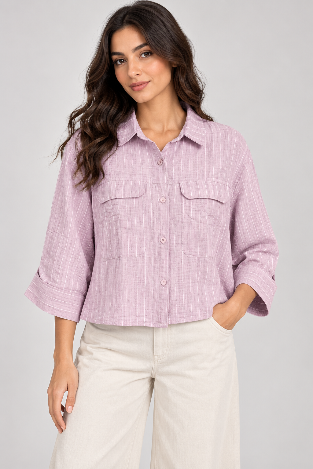 Women Striped Linen-Blend Utility Shirt