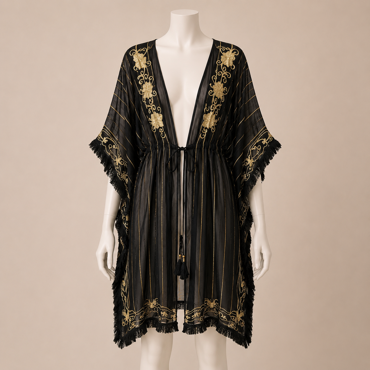 Fringe Trim Tie Front Kaftan