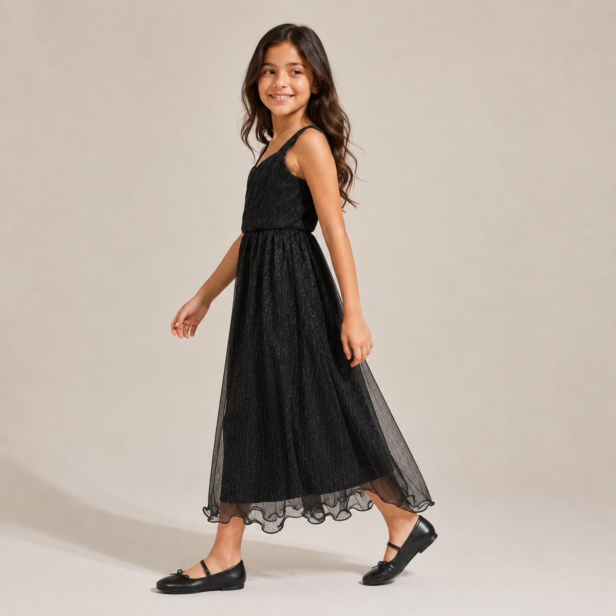 فستان سهرة بناتي متوسط الطول من التول اللامع