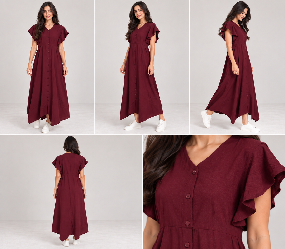 Women Button-Front Flutter Sleeve Midi Dress