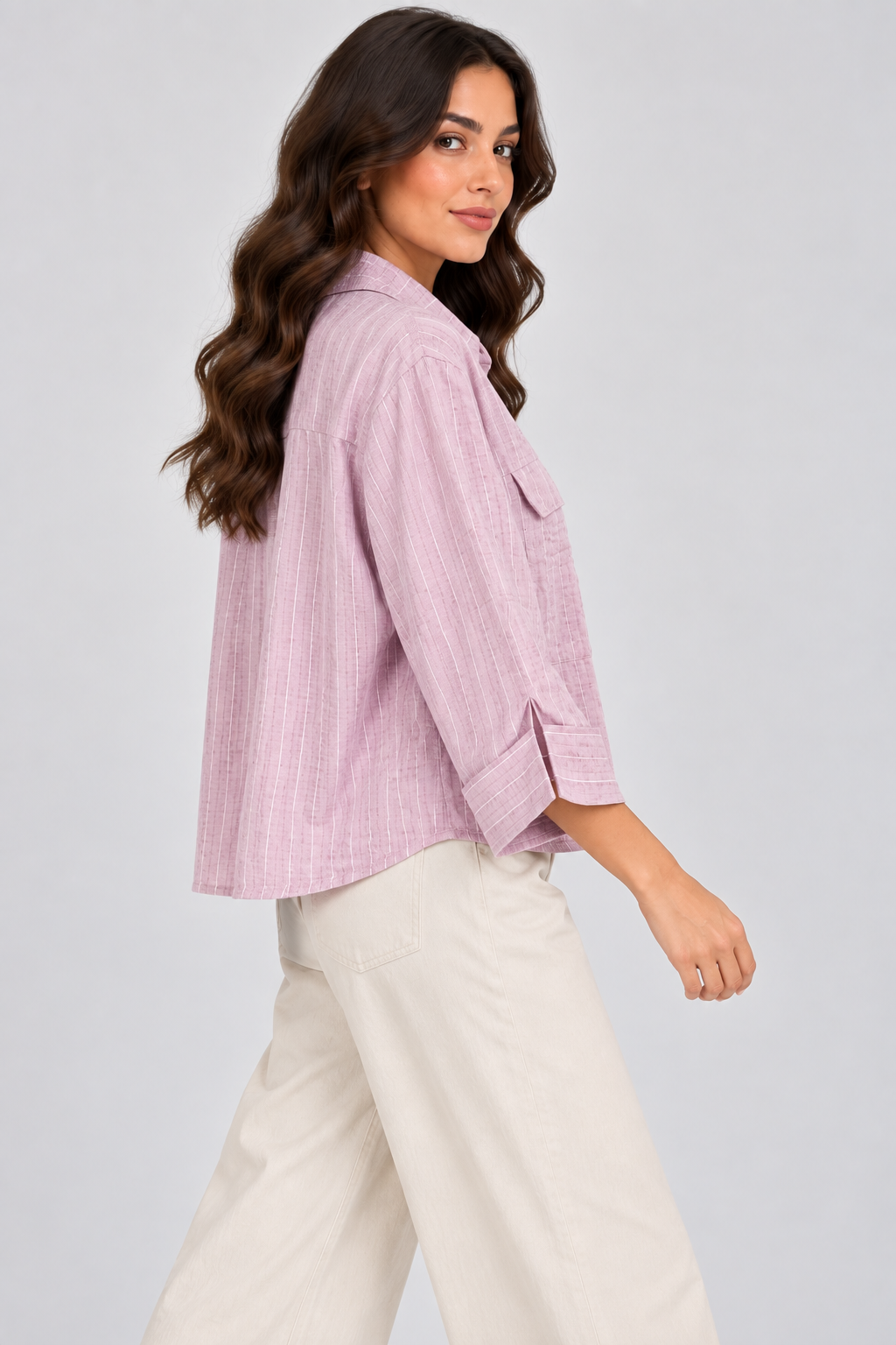 Women Striped Linen-Blend Utility Shirt