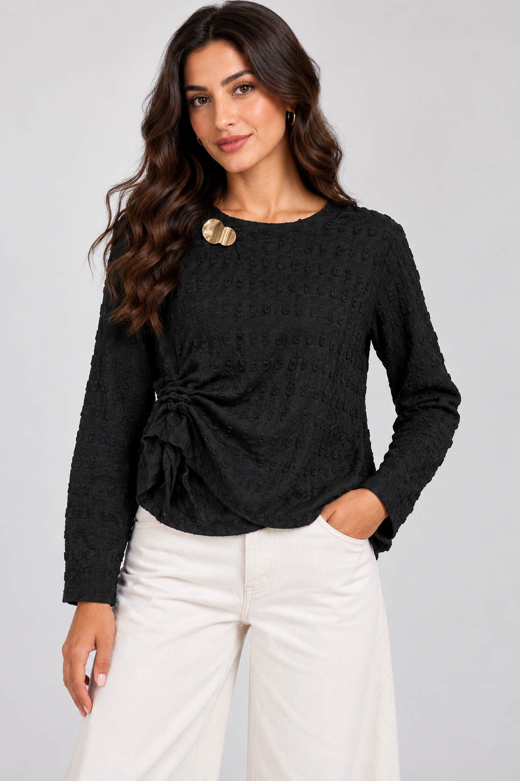 Women Textured Long-Sleeve Top with Side Tie