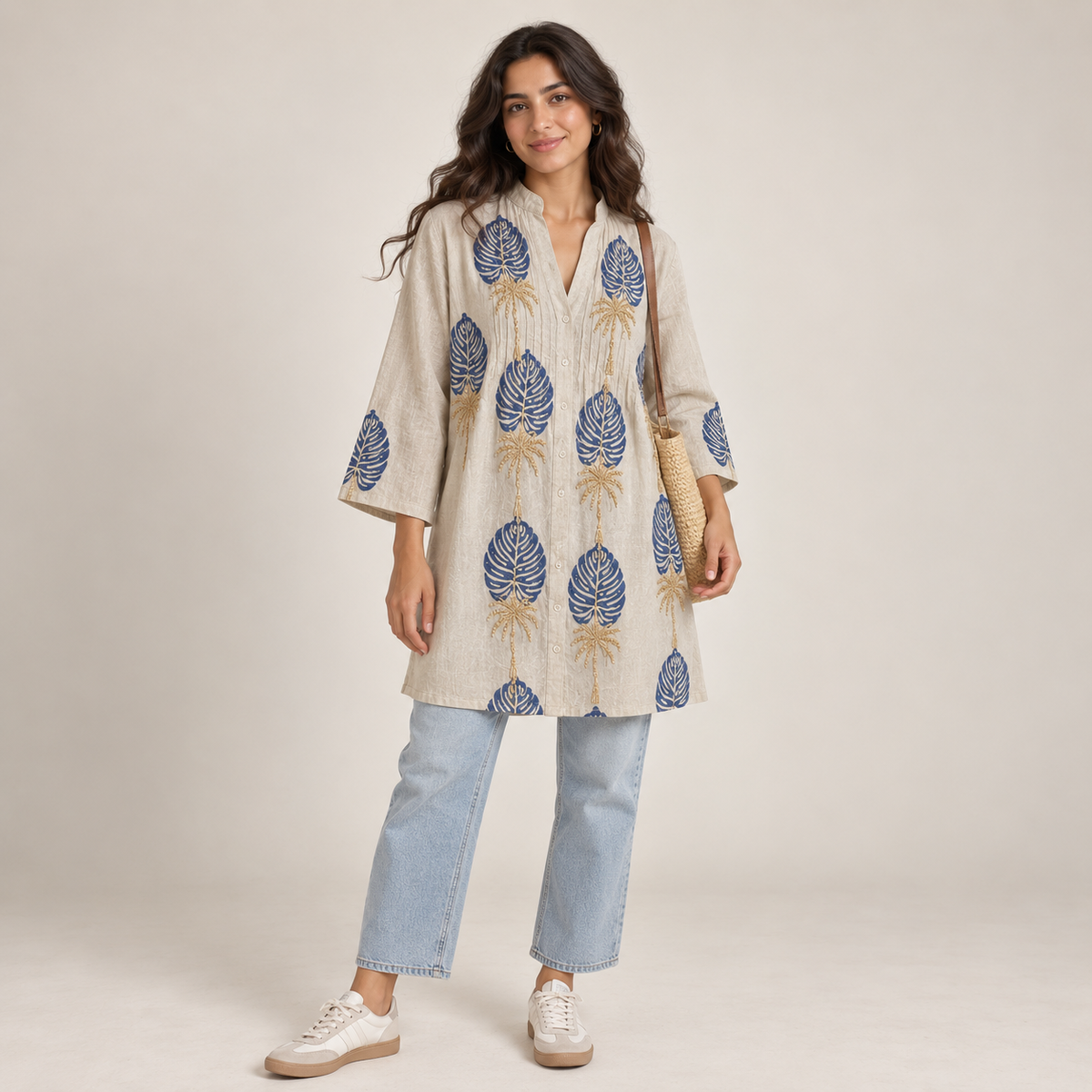Women Leaf Print Button Front Tunic