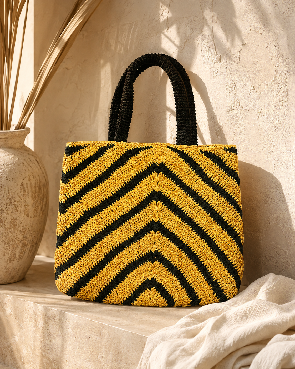 Yellow & Black Patterned Canvas Tote