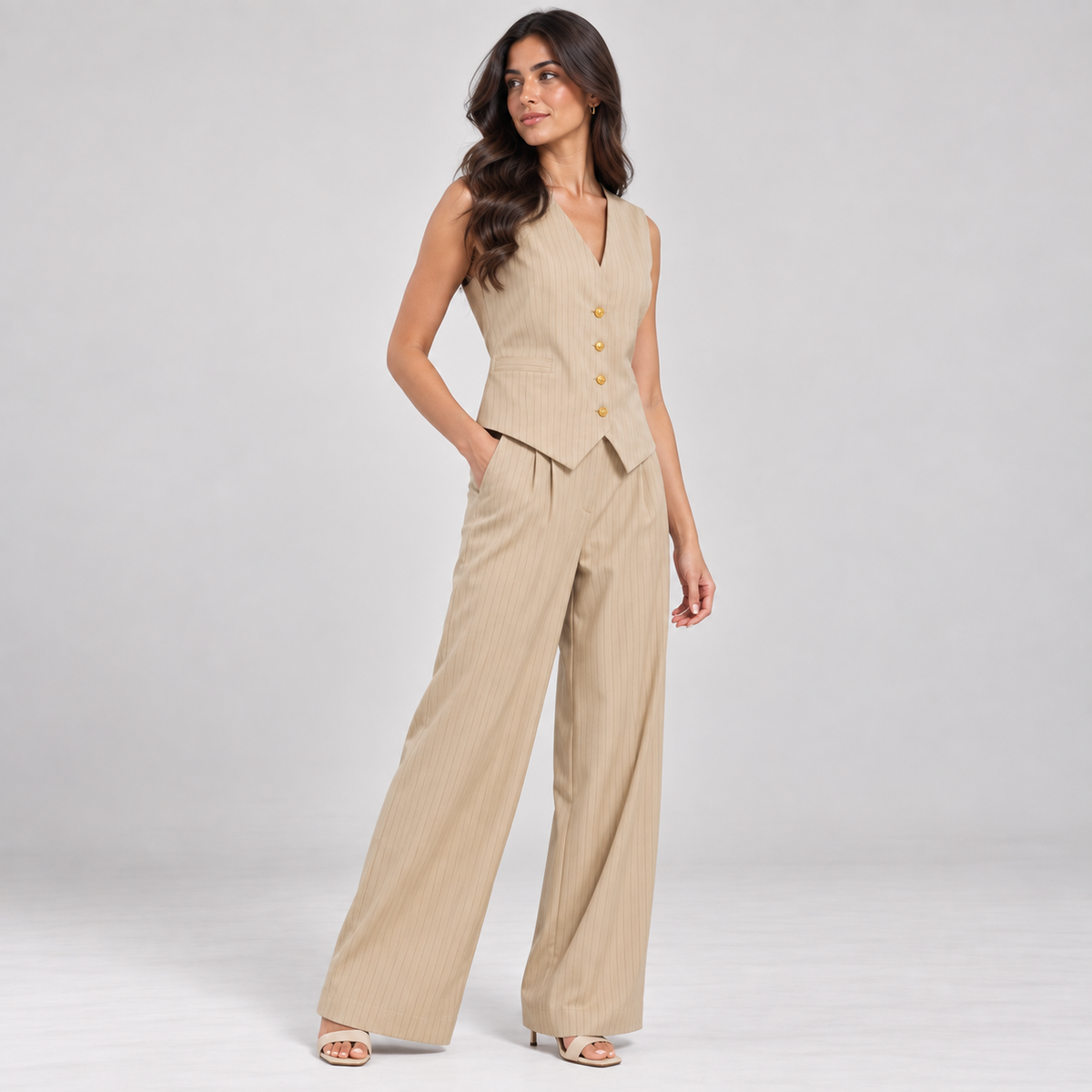 Women Pinstripe Tailored Vest and Trouser Set