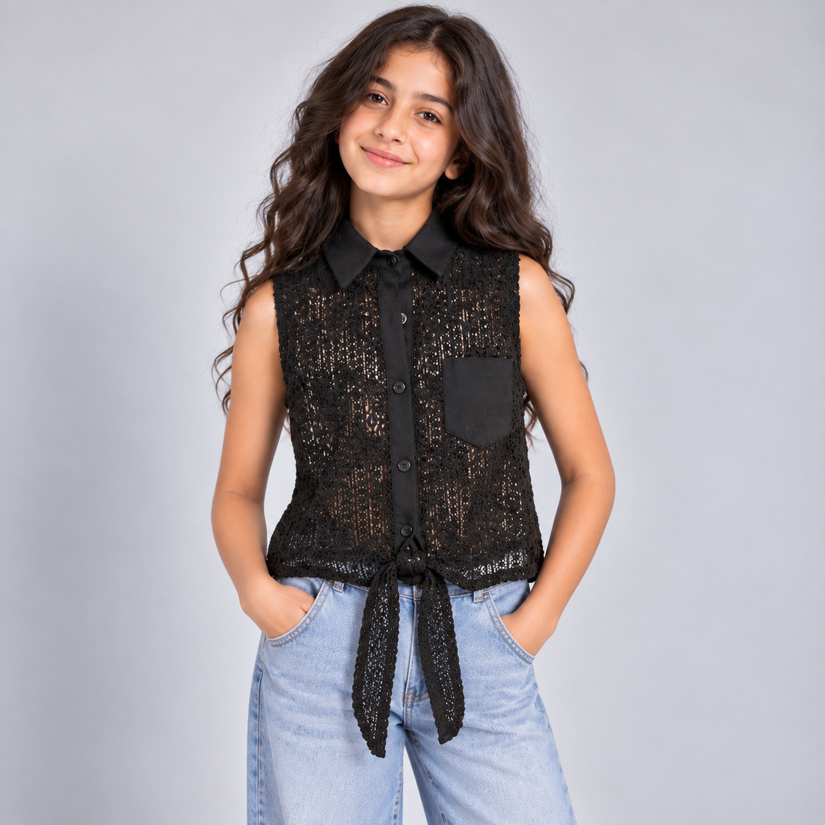 Girls Crochet Lace Tie-Front Sleeveless Shirt