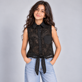 Girls Crochet Lace Tie-Front Sleeveless Shirt