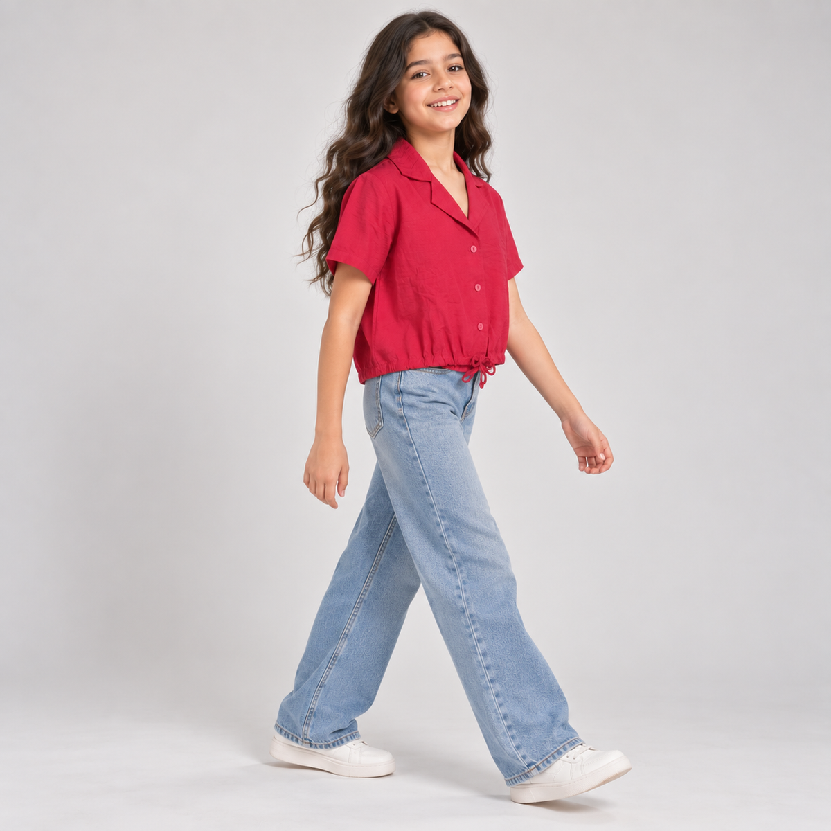 Girls Textured Drawstring Hem Shirt