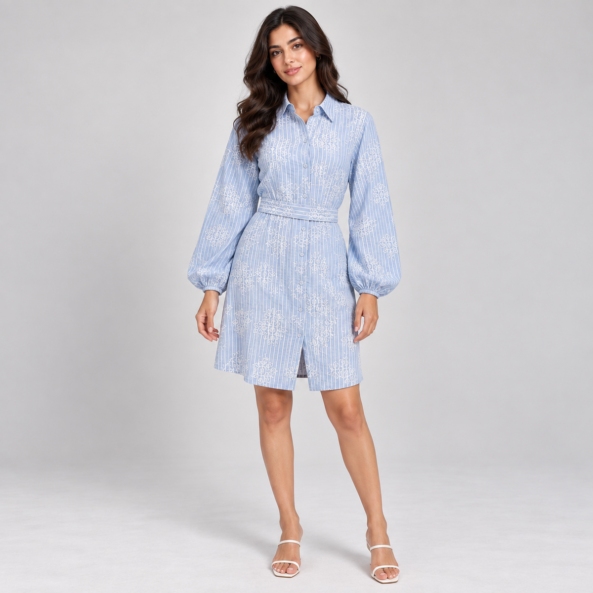 Women Embroidered Belted Shirt Dress