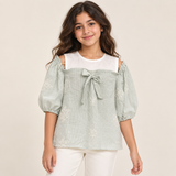 Girls Embroidered Bow Cold-Shoulder Top