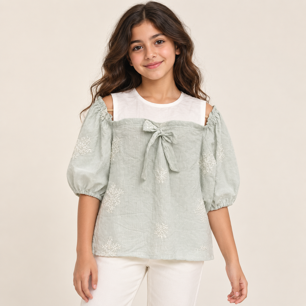 Girls Embroidered Bow Cold-Shoulder Top