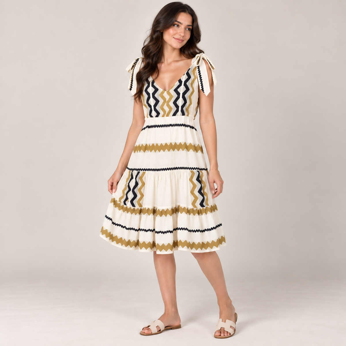 Chevron Embroidered Tie-Shoulder Dress