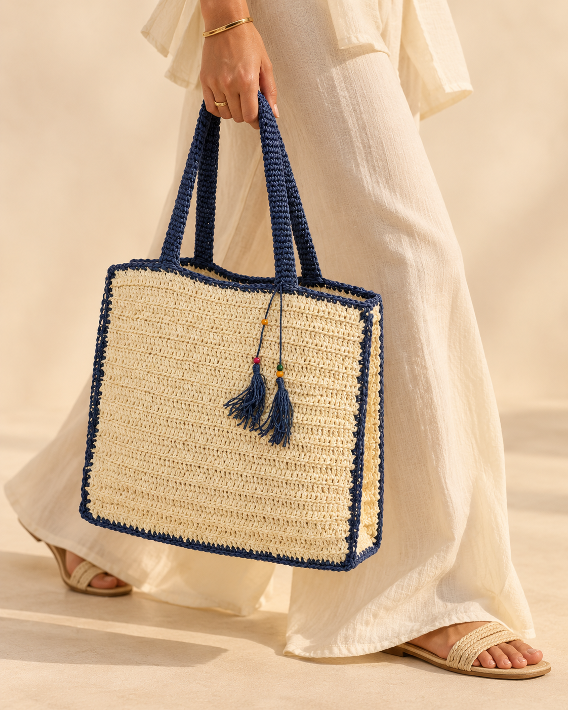 Contrast Trim Woven Tote Bag