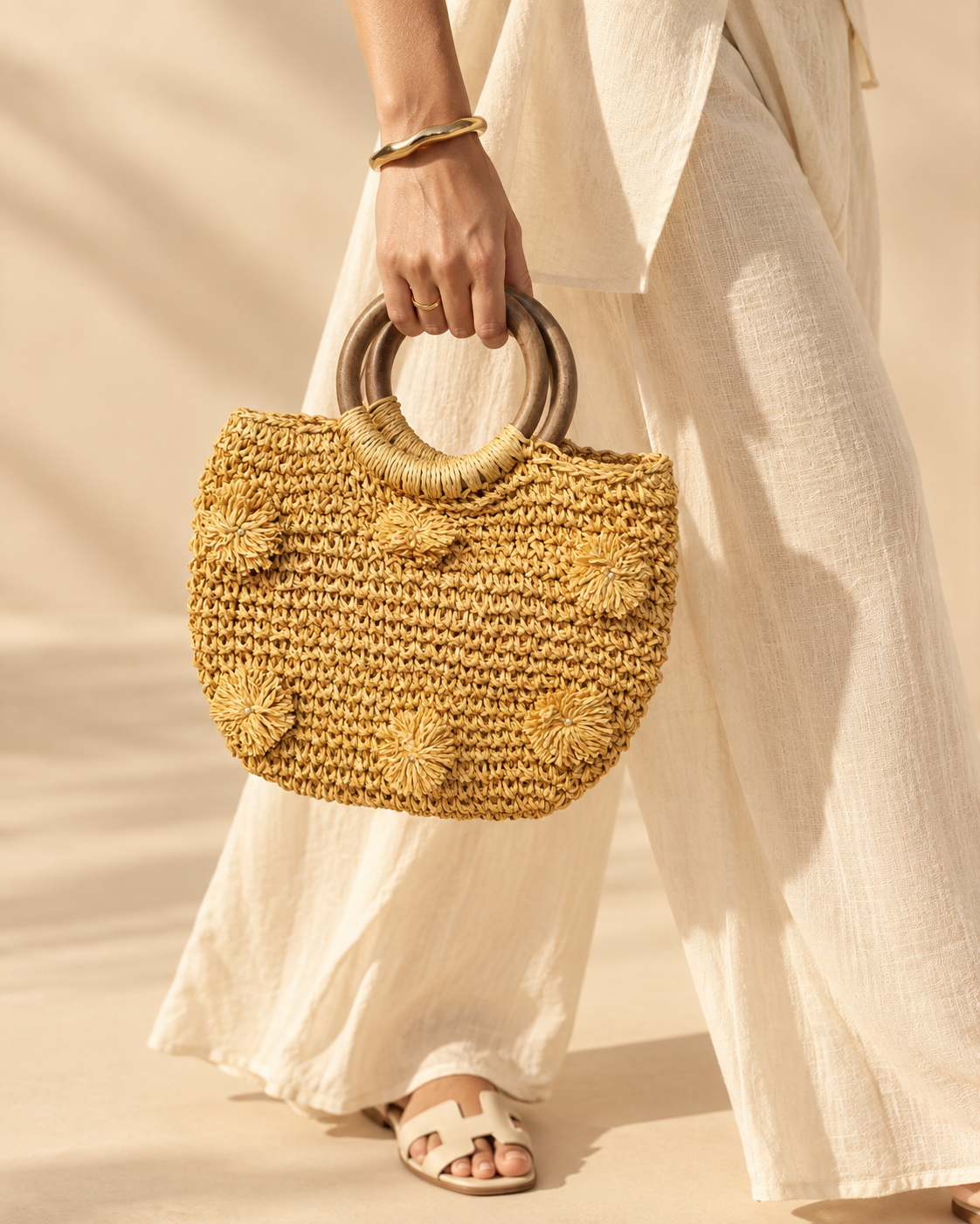 Floral Crochet Wooden Handle Bag