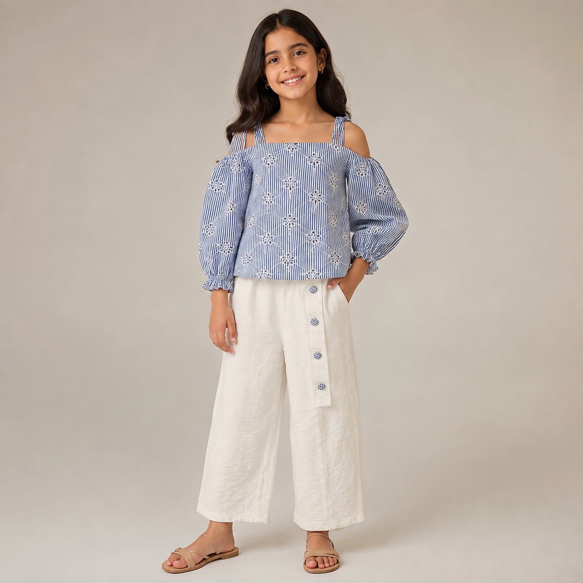 Girls Striped Embroidered Top & Wide-Leg Pants Set