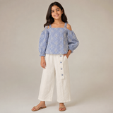 Girls Striped Embroidered Top & Wide-Leg Pants Set