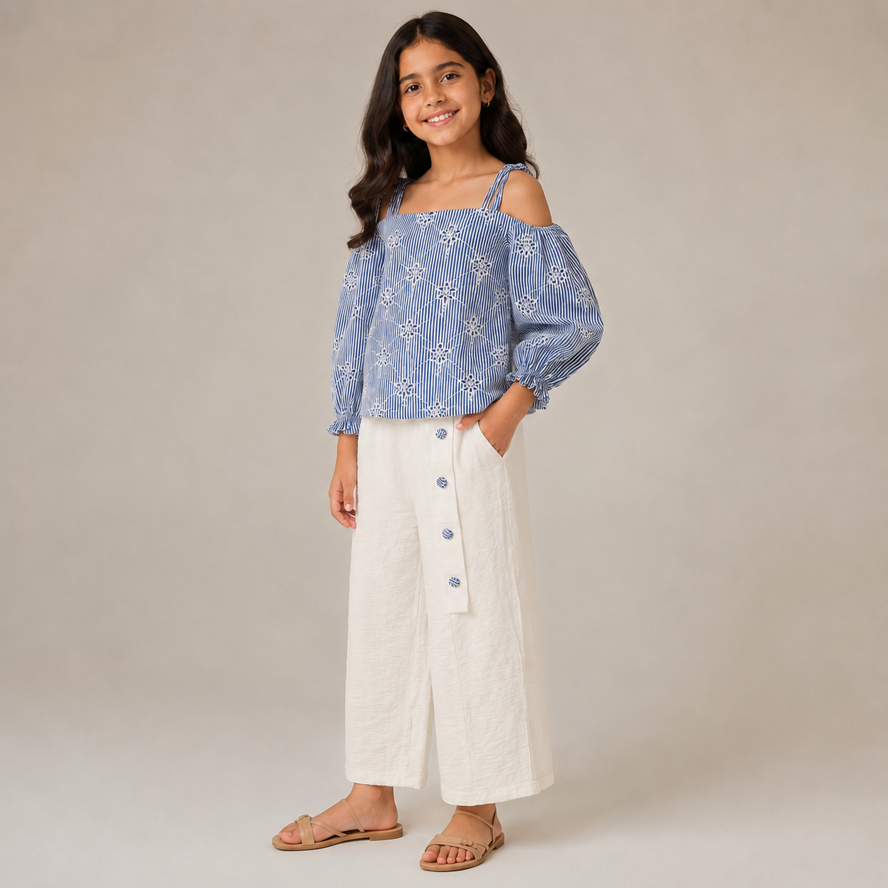 Girls Striped Embroidered Top & Wide-Leg Pants Set