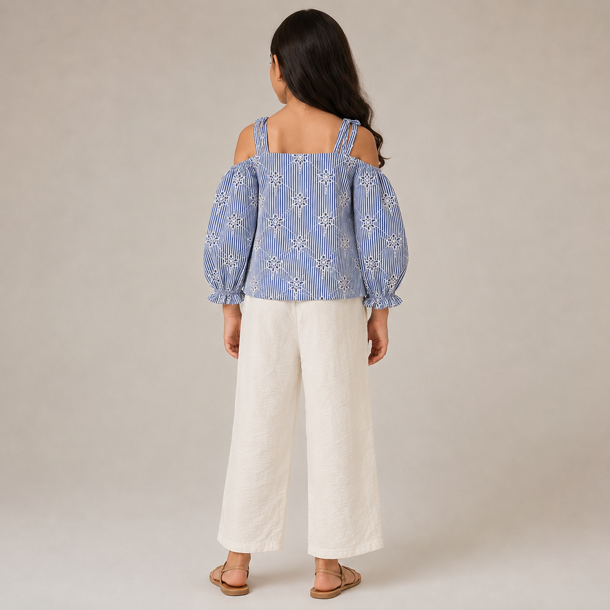 Girls Striped Embroidered Top & Wide-Leg Pants Set