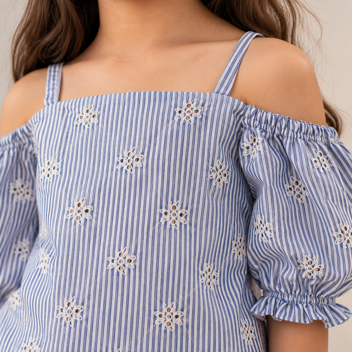 Girls Striped Embroidered Top & Wide-Leg Pants Set