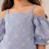 Girls Striped Embroidered Top & Wide-Leg Pants Set