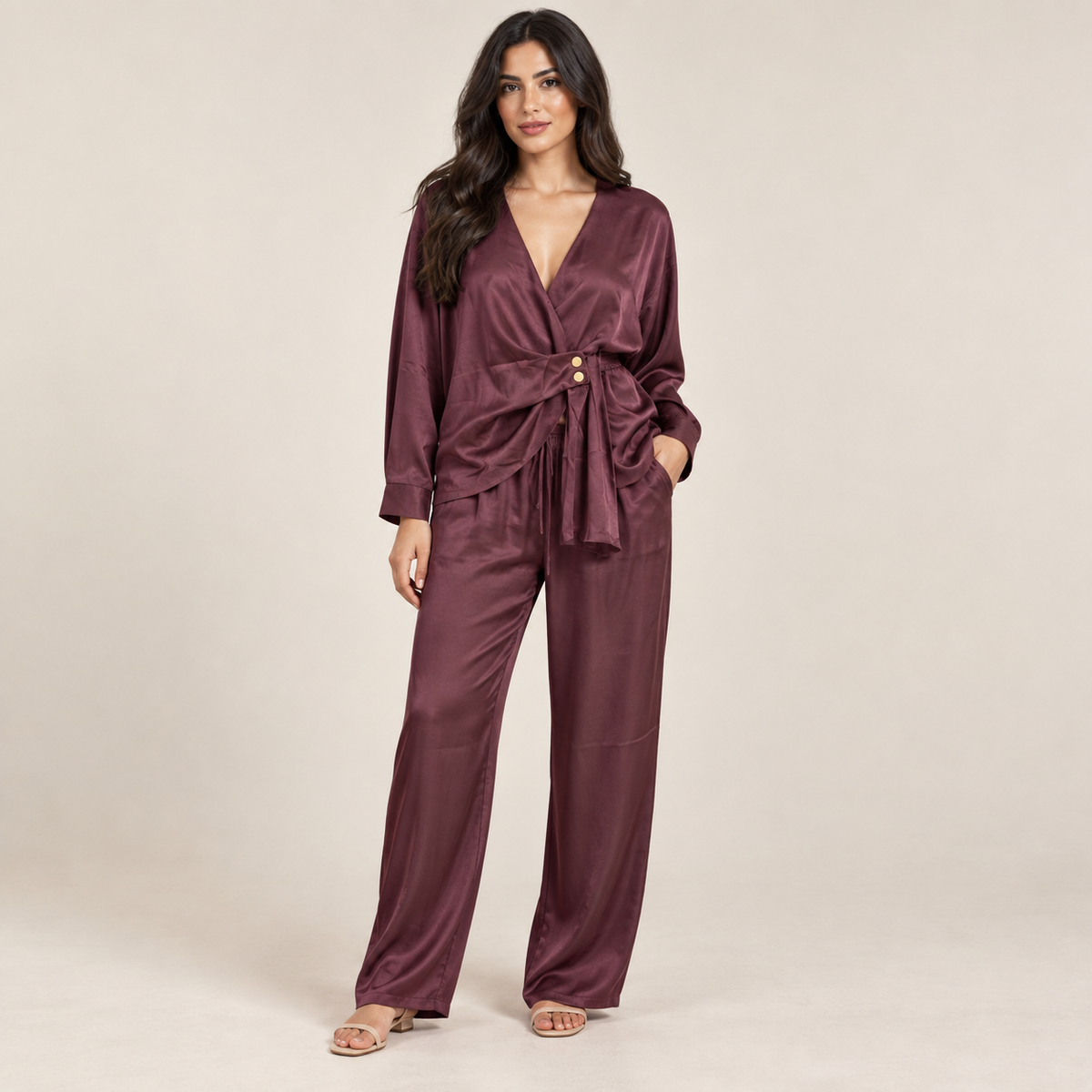 Women Satin Wrap Two-Piece Set