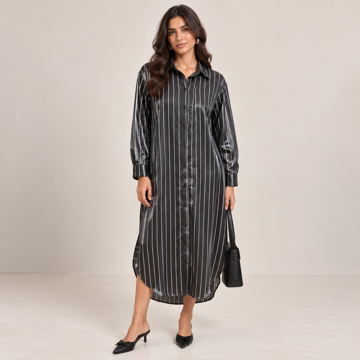 Women Satin Pinstripe Shirt Dress