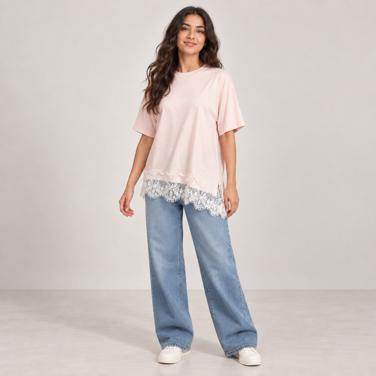 Women Lace Hem Relaxed T-Shirt